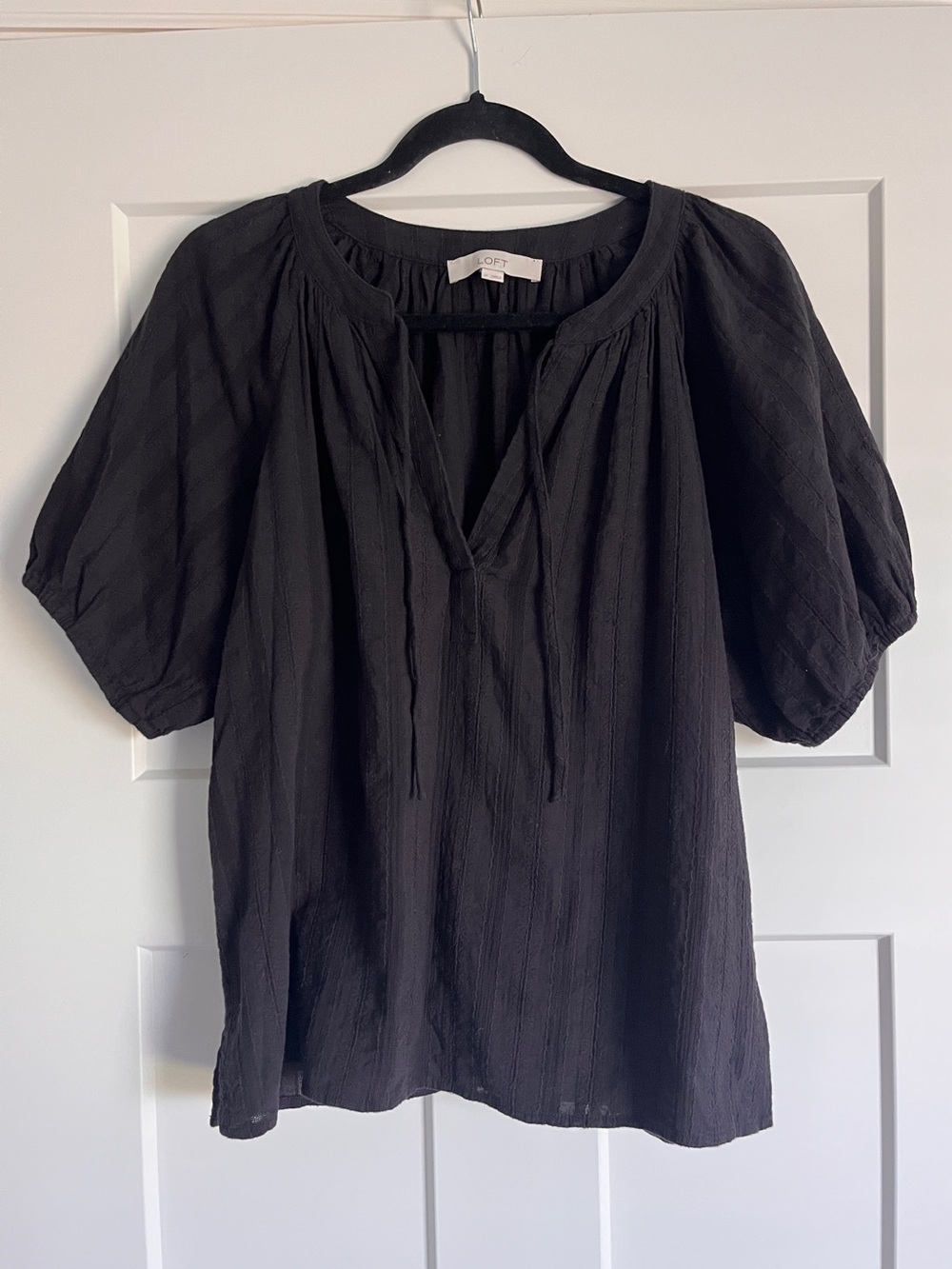 LOFT Black Peasant Tie-Front Blouse with Puff Sleeves
